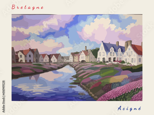 Acigné: Postcard design with a scene in France and the city name Acigné