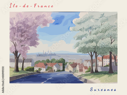 Suresnes: Postcard design with a scene in France and the city name Suresnes