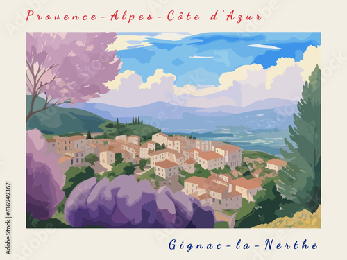 Gignac-la-Nerthe: Postcard design with a scene in France and the city name Gignac-la-Nerthe
