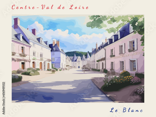 Le Blanc: Postcard design with a scene in France and the city name Le Blanc
