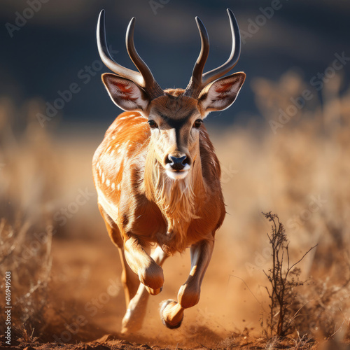 A swift antelope (Antilopinae) gracefully leaping across the grassland. Taken with a professional camera and lens. photo