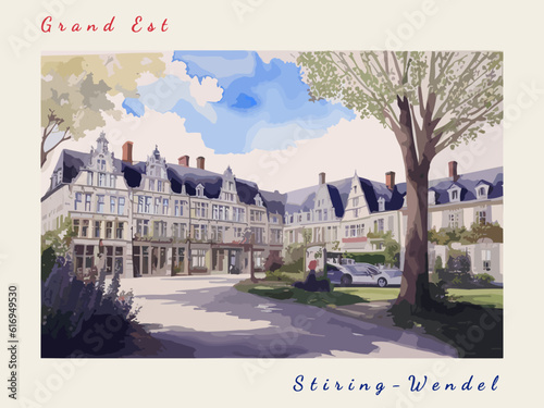 Stiring-Wendel: Postcard design with a scene in France and the city name Stiring-Wendel