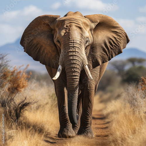 A majestic African elephant  Loxodonta africana  peacefully grazing in the vast savanna grassland. Taken with a professional camera and lens.