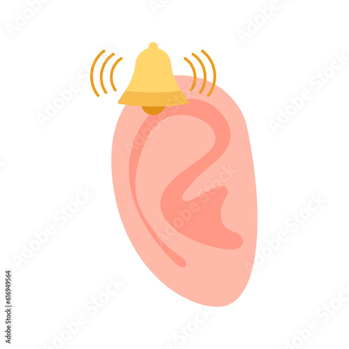 Human ear with tinnitus, bell as symbol of ringing in ears. Hear loud noise. Diseases of hearing organ or neurology problem. Vector