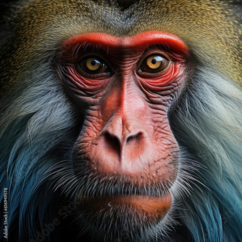 Murais de parede A powerful closeup shot of a mandrill (Mandrillus sphinx) displaying its vibrant colors and striking facial features