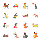 Trendy Set of Cute Dogs Flat Illustrations

