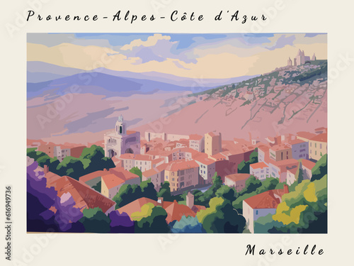 Marseille: Postcard design with a scene in France and the city name Marseille
