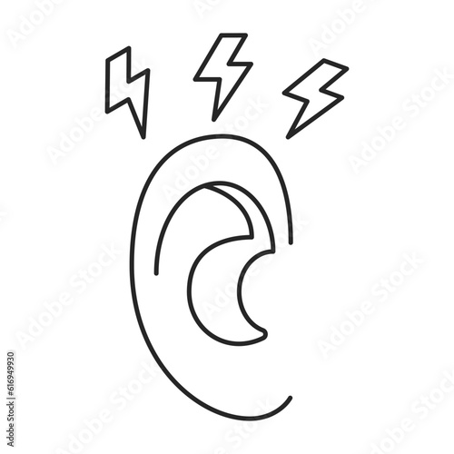 Human ear with pain and tinnitus line art icon, ringing in ears. Hear loud noise, earache. Diseases of hearing organ or neurology problem. Vector