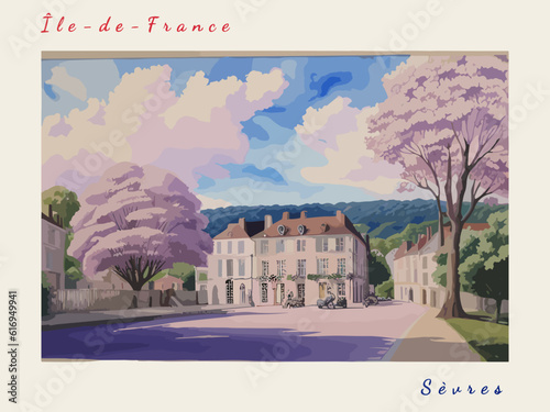 Sèvres: Postcard design with a scene in France and the city name Sèvres