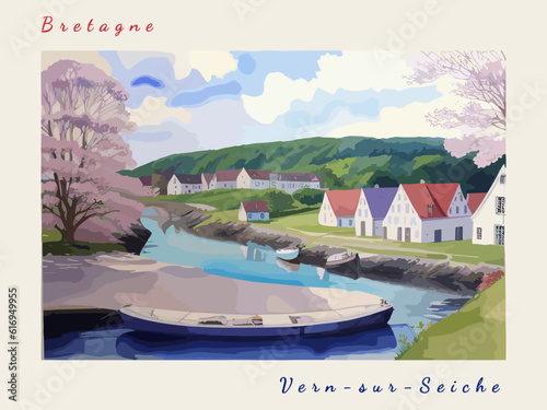 Vern-sur-Seiche: Postcard design with a scene in France and the city name Vern-sur-Seiche
