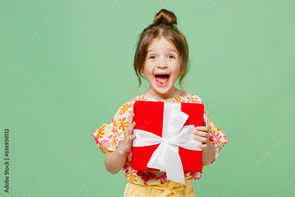Little cute child kid girl 6-7 years old wear casual clothes have fun hold present box with gift ribbon bow isolated on plain pastel green background studio Mother's Day love family lifestyle concept Little cute child kid girl 6-7 years old wear casual clothes have fun hold present box with gift ribbon bow isolated on plain pastel green background studio Mother's Day love family lifestyle concept