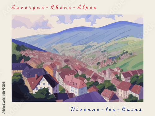 Divonne-les-Bains: Postcard design with a scene in France and the city name Divonne-les-Bains