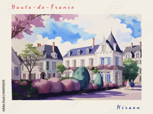 Hirson: Postcard design with a scene in France and the city name Hirson