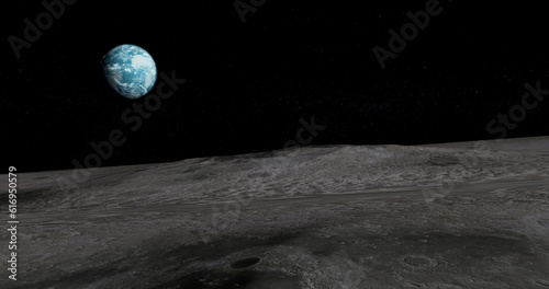 The surface of the moon and the planet Earth in the distance.