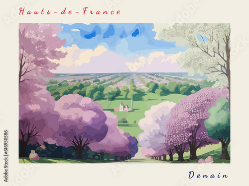 Denain: Postcard design with a scene in France and the city name Denain