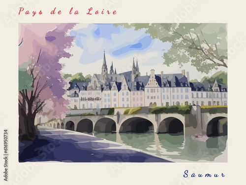 Saumur: Postcard design with a scene in France and the city name Saumur
