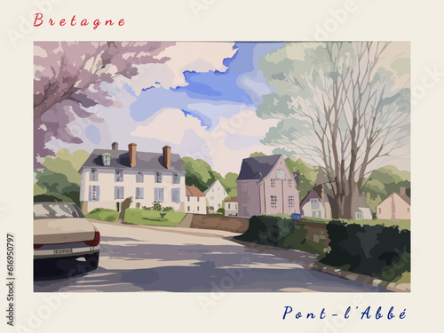 Pont-l’Abbé: Postcard design with a scene in France and the city name Pont-l’Abbé