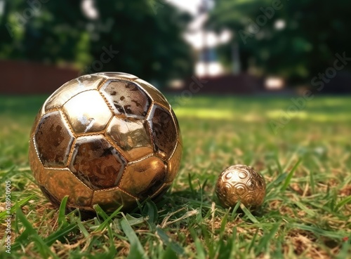 Trophy of the FIFA World Cup on the green grass of the football field. Created with Generative AI technology.