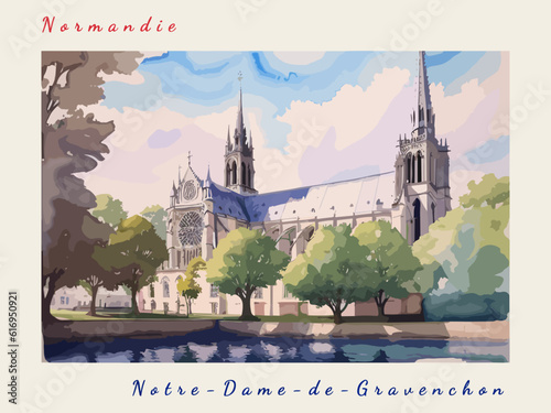 Notre-Dame-de-Gravenchon: Postcard design with a scene in France and the city name Notre-Dame-de-Gravenchon