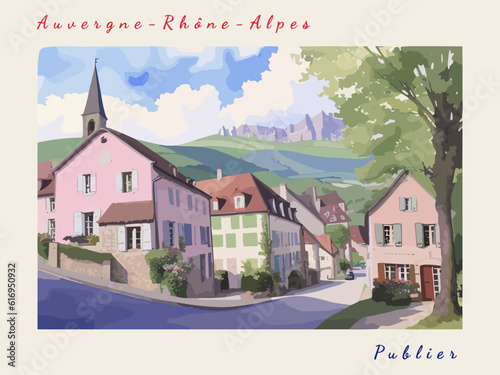 Publier: Postcard design with a scene in France and the city name Publier