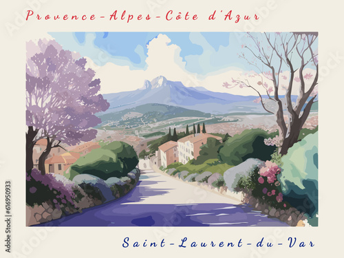 Saint-Laurent-du-Var: Postcard design with a scene in France and the city name Saint-Laurent-du-Var