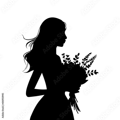 Vector illustration. Silhouette of a girl with a bouquet of flowers in her hands.