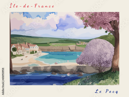 Le Pecq: Postcard design with a scene in France and the city name Le Pecq