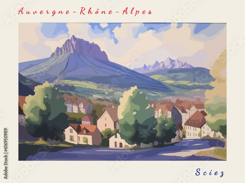 Sciez: Postcard design with a scene in France and the city name Sciez