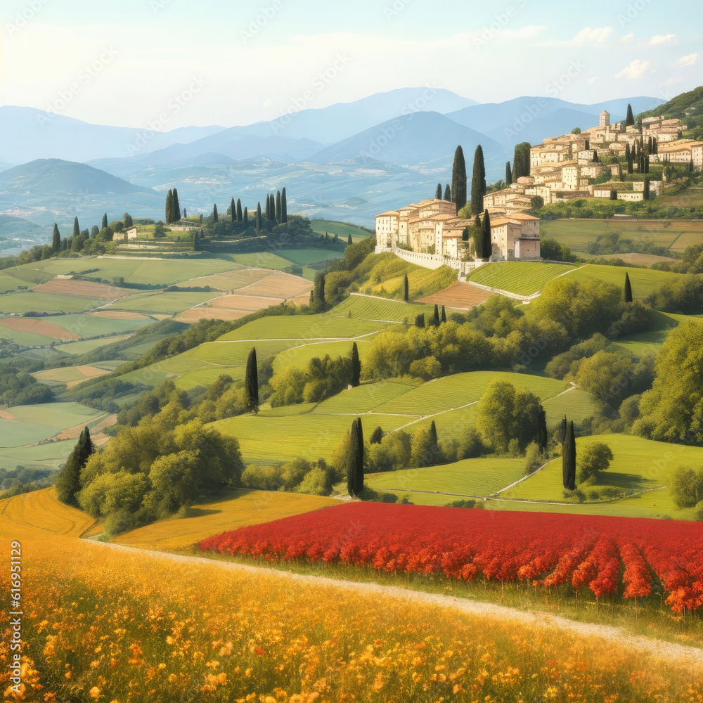 Beautiful landscape of Tuscany in Italy with fields, hills and houses. Image generated by Ai