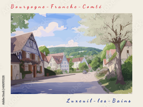 Luxeuil-les-Bains: Postcard design with a scene in France and the city name Luxeuil-les-Bains