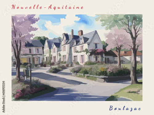 Boulazac: Postcard design with a scene in France and the city name Boulazac