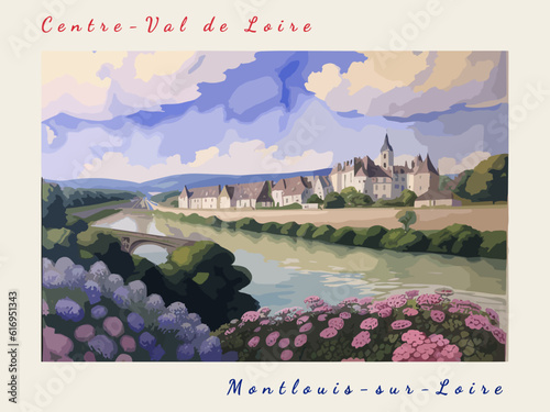 Montlouis-sur-Loire: Postcard design with a scene in France and the city name Montlouis-sur-Loire