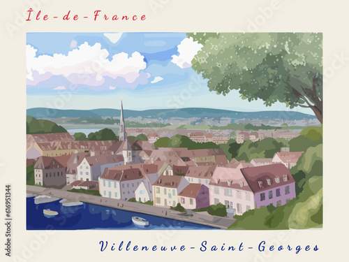 Villeneuve-Saint-Georges: Postcard design with a scene in France and the city name Villeneuve-Saint-Georges