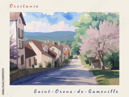 Saint-Orens-de-Gameville: Postcard design with a scene in France and the city name Saint-Orens-de-Gameville