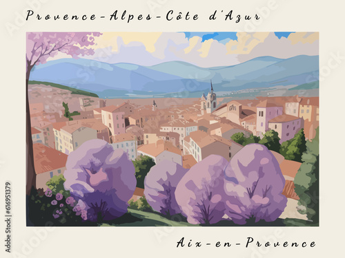 Aix-en-Provence: Postcard design with a scene in France and the city name Aix-en-Provence