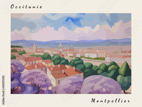 Montpellier: Postcard design with a scene in France and the city name Montpellier