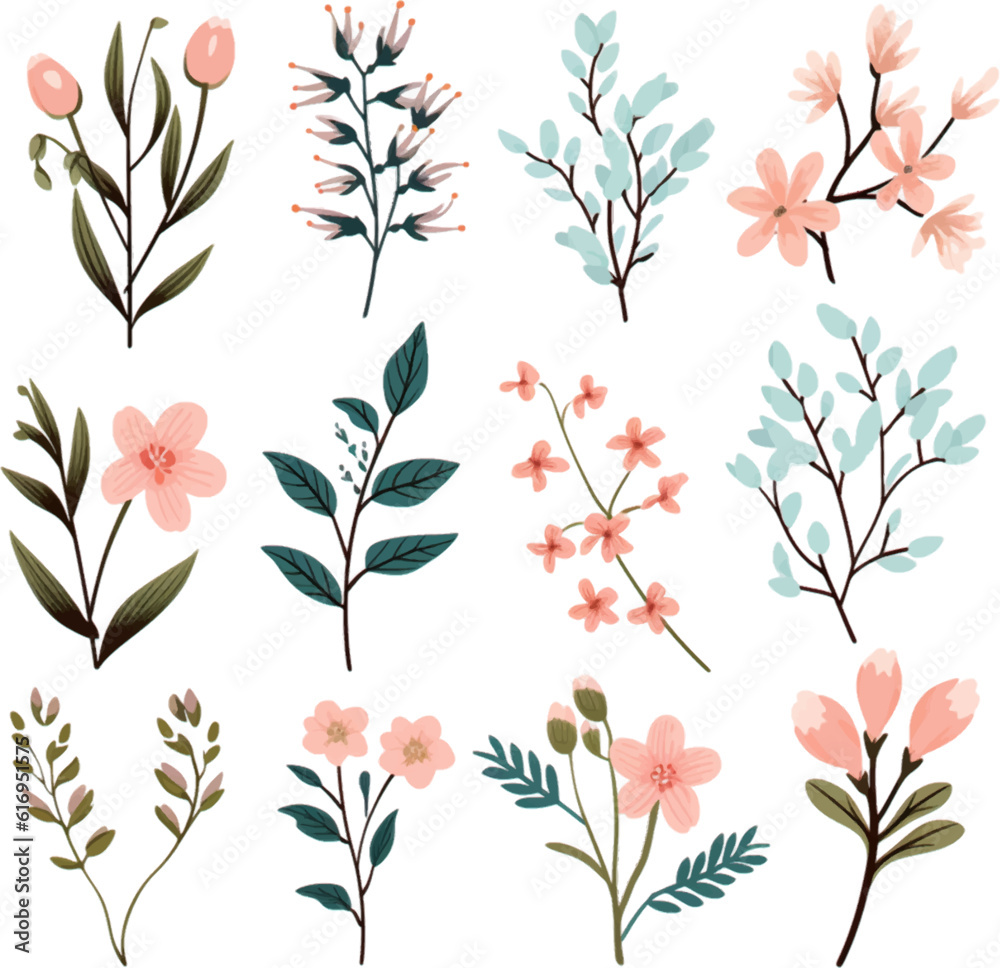 Obraz premium Set of floral branch. Flat isolated on white background.