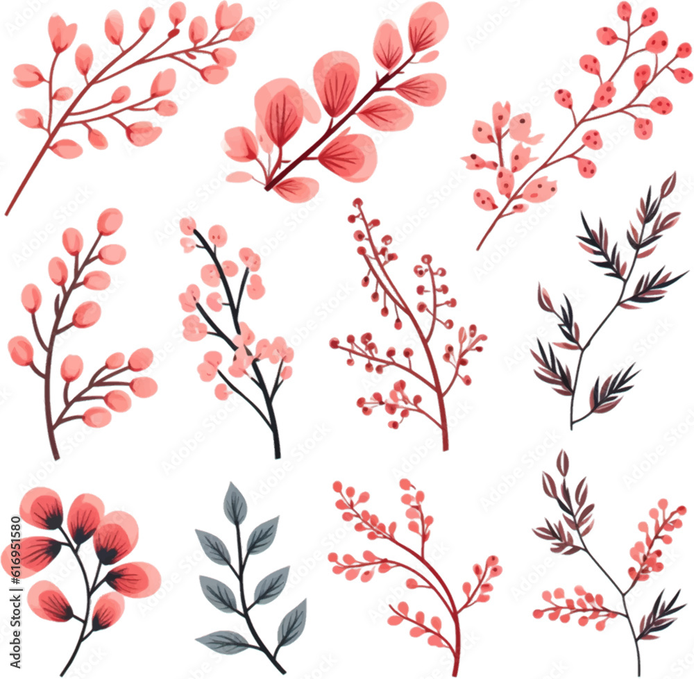 Set of floral branch. Flat isolated on white background. Set of floral branch. Flat isolated on white background.