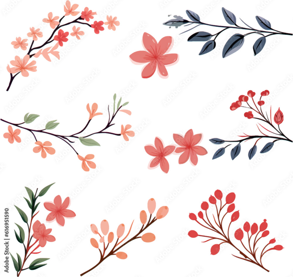 Obraz premium Set of floral branch. Flat isolated on white background.