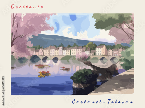 Castanet-Tolosan: Postcard design with a scene in France and the city name Castanet-Tolosan