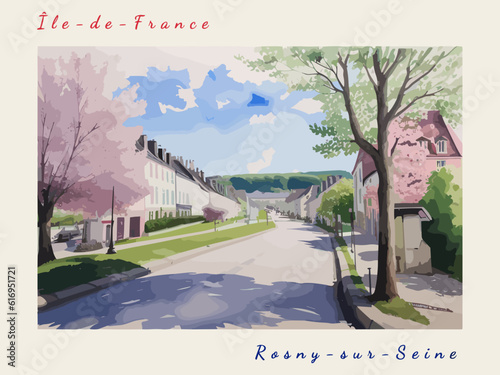 Rosny-sur-Seine: Postcard design with a scene in France and the city name Rosny-sur-Seine