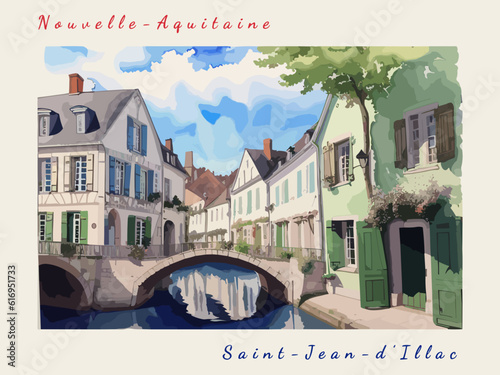 Saint-Jean-d’Illac: Postcard design with a scene in France and the city name Saint-Jean-d’Illac