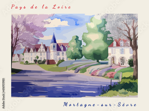 Mortagne-sur-Sèvre: Postcard design with a scene in France and the city name Mortagne-sur-Sèvre