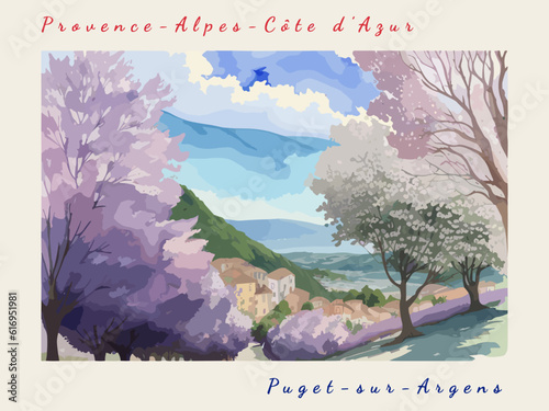 Puget-sur-Argens: Postcard design with a scene in France and the city name Puget-sur-Argens