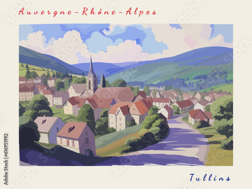 Tullins: Postcard design with a scene in France and the city name Tullins