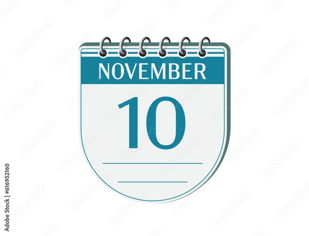 10 november round retro calendar page vector. 3d one day calendar, date appointment, business planner, event reminder illustration. Abstract three dimensional daily date old calendar.
