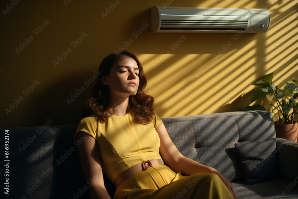 Obraz premium Woman relaxing on Sofa with Aironditioner on Wall