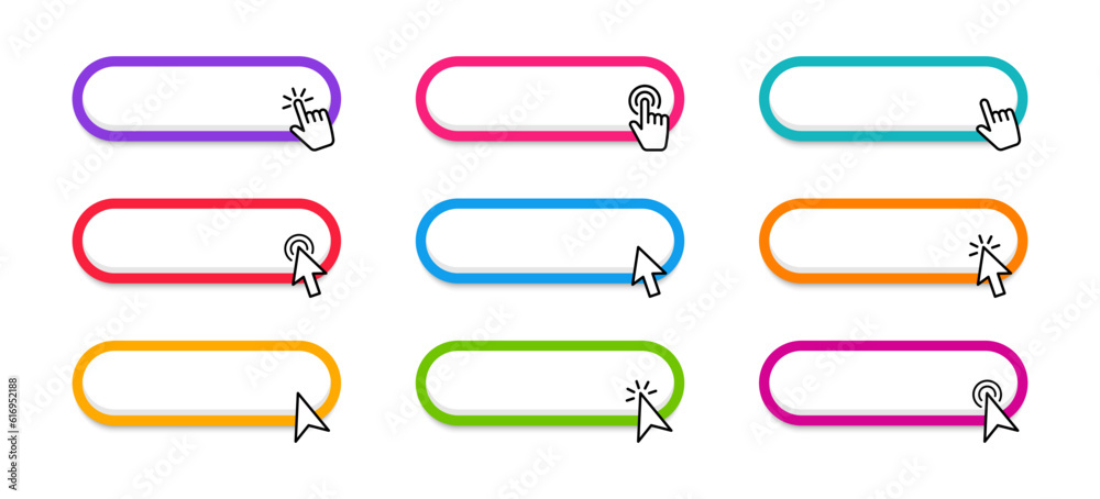 Click Blank Button with pointer clicking. Web button set. Clicking the icon. Action button click here with click cursor. Vector illustration. Click Blank Button with pointer clicking. Web button set. Clicking the icon. Action button click here with click cursor. Vector illustration.