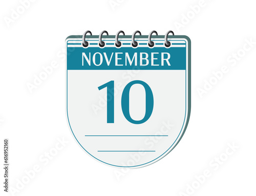 10 november round retro calendar page vector. 3d one day calendar, date appointment, business planner, event reminder illustration. Abstract three dimensional daily date old calendar.
