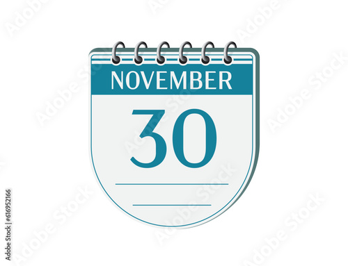 30 november round retro calendar page vector. 3d one day calendar, date appointment, business planner, event reminder illustration. Abstract three dimensional daily date old calendar.

